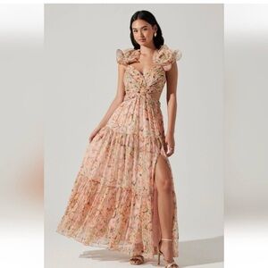 Astr Floral Peach Maxi Dress with Ruffle Sleeves